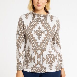 Pendleton Taupe White Aztec Geometric Mock Cowl Neck Long Sleeve Knit Top Small